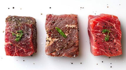 Three pieces of raw seasoned beef on white background