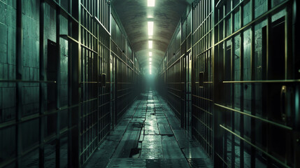 Corridor in an abandoned Penitentiary. Prison inetrior