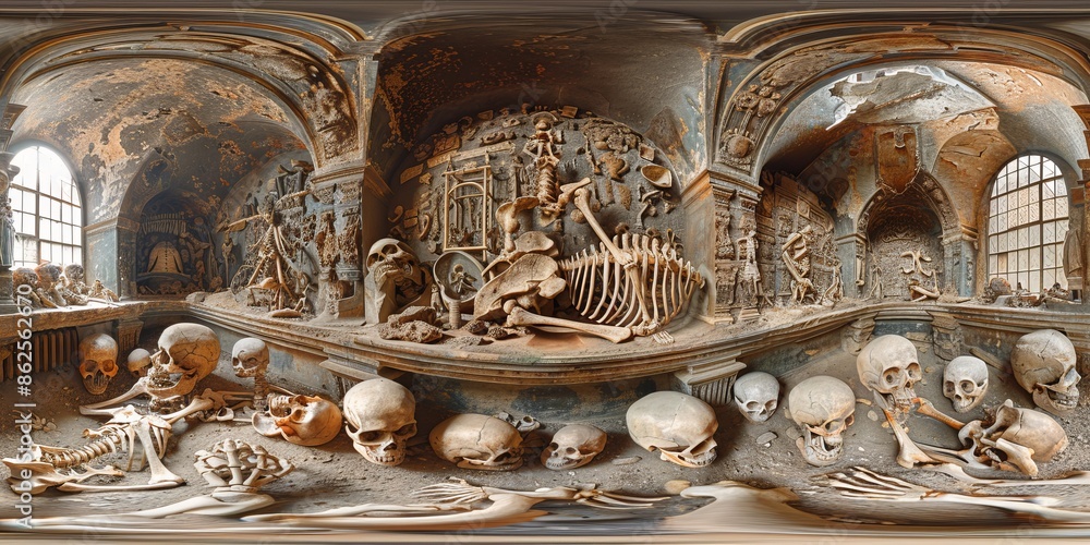 Poster an immersive 360-degree panorama of the skeletal system, with bones and joints resembling the framew