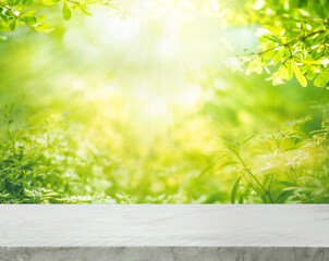Selective focus.Elegance beautiful nature display background with marble top with fresh green floral garden
