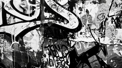 Graffiti tags and symbols in varying shades of black and white weave together to tell a story of the underground culture within the city. Black and white art