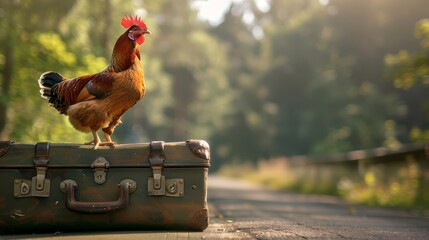 A chicken perches on a suitcase next to a roadside tree in the background.