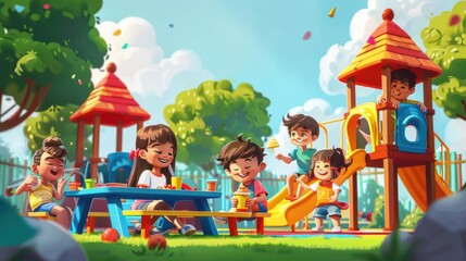 Fototapeta premium A vibrant playground scene with children sharing snacks and enjoying retro games, showcasing friendship and happiness