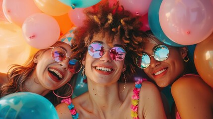 Friends at a retro party, wearing party hats and surrounded by colorful balloons, capturing the joy and excitement of celebration