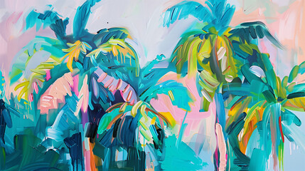 Tropical Oil (Watercolor) Painting in Juicy Bright Colors. Palms Caribbean Florida Neon Color. Nature Frawing. Landscape Illustration  