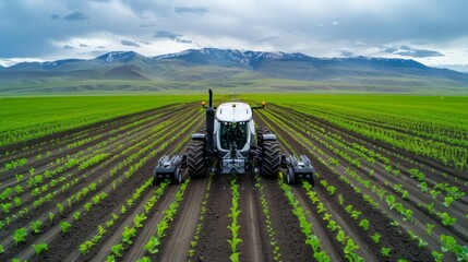 Capture the innovation of AI in agriculture with an autonomous tractor planting crops in a large field.