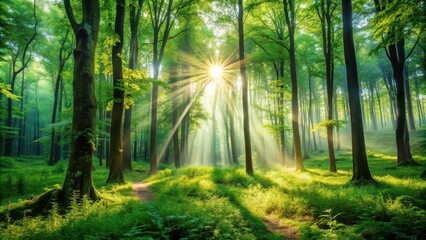 Fototapeta premium Serene forest with lush greenery and sunlight filtering through the trees, nature, tranquil, peaceful, woodland, trees