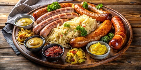Traditional German sausage platter with assorted sausages, sauerkraut, pickles, and mustard, German, sausage, platter