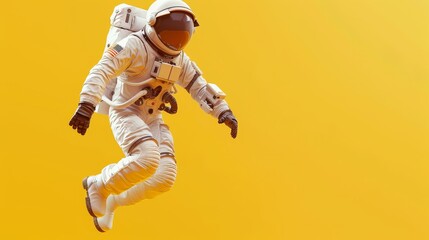 Man wearing an astronaut suit, rudder and device floats and jumps on a bright yellow studio background.