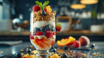 Fruit parfait layered in a tall glass. Contains yogurt cream Crunchy Granola and alternating layers of fresh strawberries, blueberries, and peaches. Garnish with a sprig of mint.