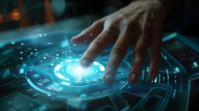 Close-up of a holographic interface being interacted with by a userâs hand