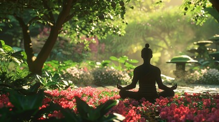 A woman meditates in a quiet garden. Surrounded by lush green trees and blooming flowers.