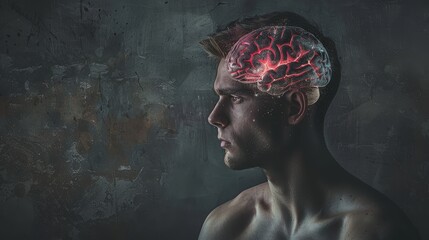 Mental health awareness poster campaign focused on overcoming personal difficulties. Man with brain and head elements. Problems, love, solitude. Psychological concept and surrealism.