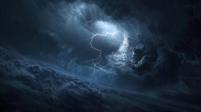 A dark and stormy night. The sky is lit up by a bolt of lightning. The thunder rumbles in the distance. The rain is coming down in sheets