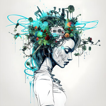 T-shirt design of a cyberpunk biohacker, biopunk, organic, experimental. Suitable for t-shirt or sticker ready to print.[A-0001]