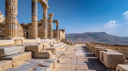 Fototapeta premium Capture the mystique of an ancient ruin, with weathered stone walls and intricate carvings