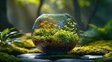 A glass vase filled with lush green moss and various plants.