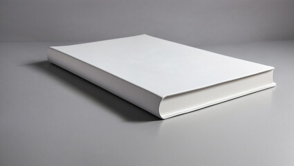 a white book lying flat on a gray surface.