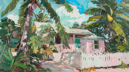 Bungalow Shotgun / Plantation / Florida House. Tropical Palms Illustration (Oil Paint Strokes). Bright Colors, Floral Art, Leaf Leaves, Nature and Trees 