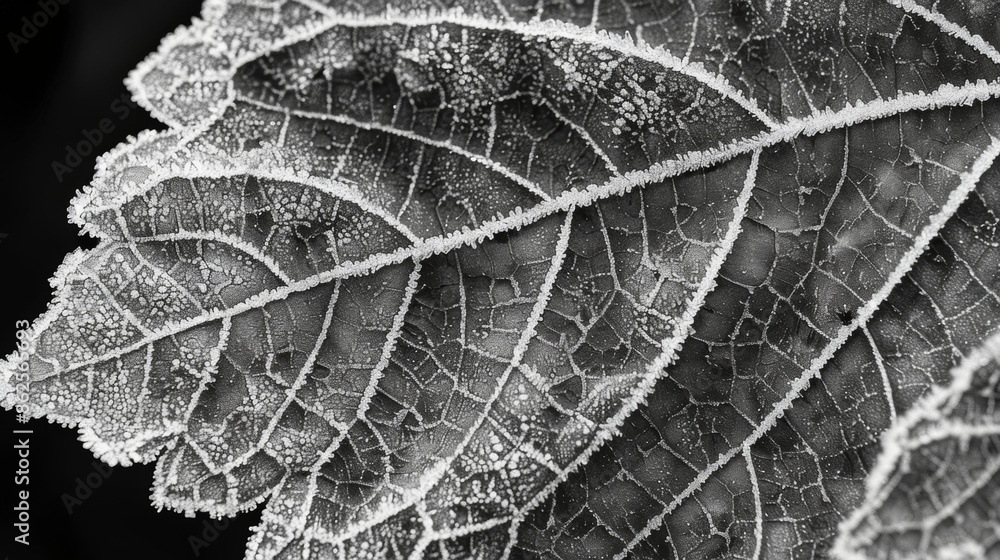 Poster the frosty texture of a leafs surface is highlighted in black and white almost resembling a snowy la
