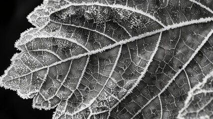 The frosty texture of a leafs surface is highlighted in black and white almost resembling a snowy landscape. Black and white art