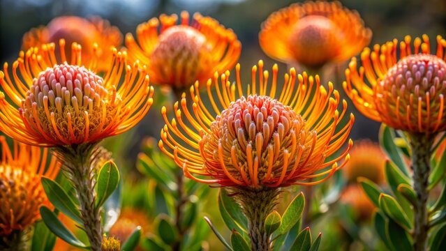 Vibrant orange Protea pincushions with delicate hairs and intricate details set against soft blurred background in South African fynbos habitat.