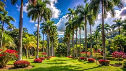 Majestic royal palm trees stand tall amidst lush greenery and vibrant flowers in serene Balata gardens of Fort de France.