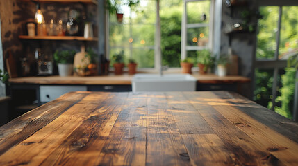 Wood table top on blurred kitchen background,