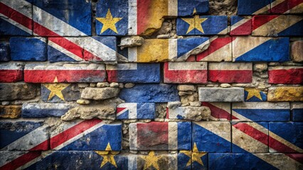 Fading Union Jack flag on a worn stone wall, symbolizing United Kingdom's departure from the European Union, amidst a gloomy backdrop.