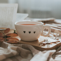 Cozy autumn at home. Glass cup with hot tea, open book and autumn leaves on blanket on bed.