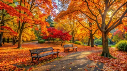 Vibrant orange, yellow, and red leaves scatter across the serene park landscape, surrounded by dense foliage and rustic wooden benches.