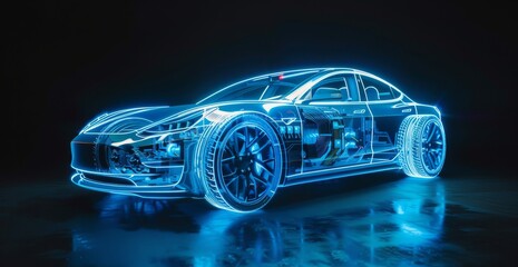 A neon blue holographic projection of an electric sports car wire model, showcasing intricate details against a black background, highlighting advanced automotive technology