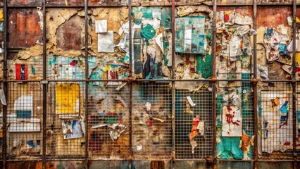 Obraz premium Urban grungy street wall with torn and worn-out old posters, peeling paint, and rusted metal grid, perfect for mockup design.