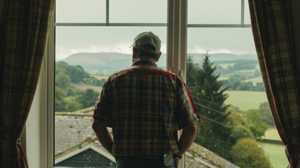 Worker secures a replacement window in a home