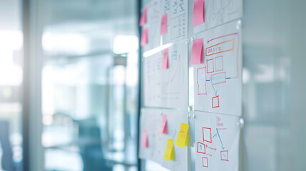 Brainstorming session with colorful notes on a whiteboard outlining business plans.