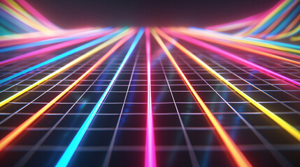 A vibrant neon grid pattern reminiscent of 1980s arcade games, pulsating across a black background. The retro-futuristic aesthetic and energetic movement evoke a sense of nostalgia and playfulness.