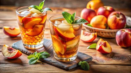 Refreshing peach ice tea in a delicate glass on a plain background, perfect for summertime advertisements or graphic designs.