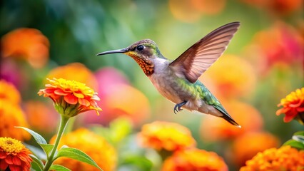 Fototapeta premium Hummingbird hovering over orange flower amidst colorful blooms, hummingbird, orange flower, colorful, blooms, wildlife