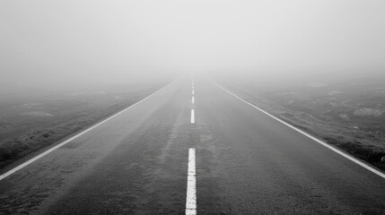 black and white road with thick foggy horizon.