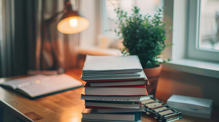 Neat stack of business reports on a shiny office desk.