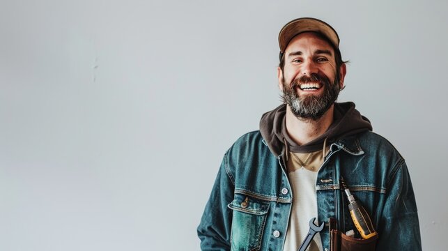 A smiling plumber  standing in front of a blank white wall.