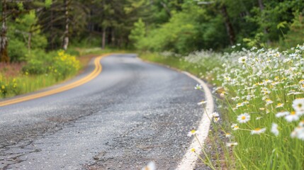 a rural road with white and yellow wildflowers growing on the side.