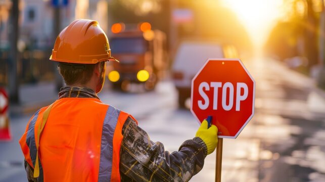 construction worker holding a stop sign to control traffic near a work zone.