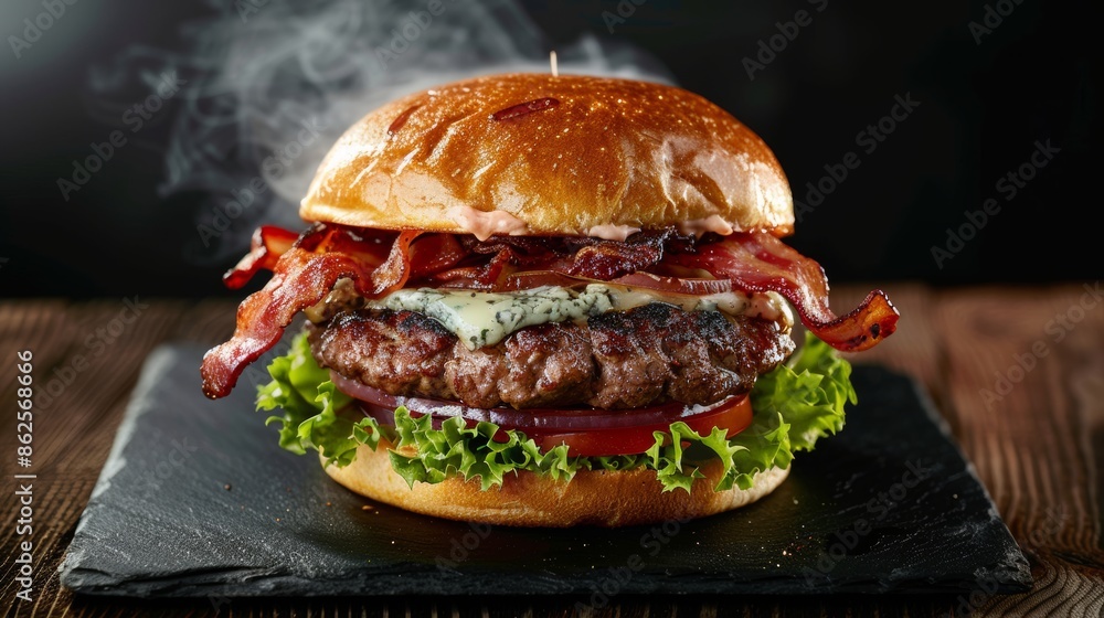 Wall mural capture the sizzle and steam of a freshly grilled burger patty topped with melted blue cheese, crisp