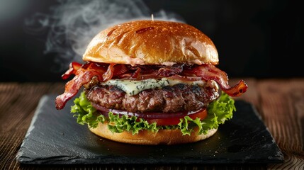 Capture the sizzle and steam of a freshly grilled burger patty topped with melted blue cheese, crispy bacon