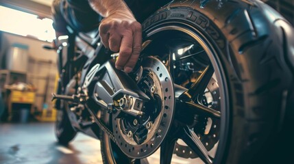 A close-up of a hand working on a motorcycle disc brake in a workshop.
