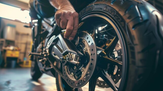 A close-up of a hand working on a motorcycle disc brake in a workshop. - Powered by Adobe