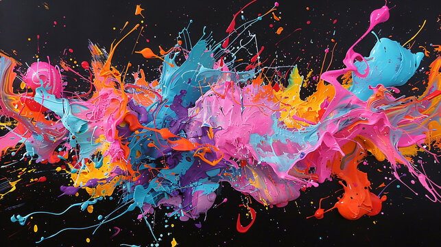 A chaotic explosion of neon paint against a black background, reminiscent of 1980s abstract expressionism. The vibrant colors and energetic brushstrokes convey a sense of raw emotion and creativity,