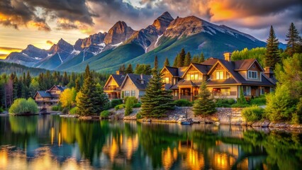 Fototapeta premium Serene waterfront homes nestled among lush greenery with majestic rocky mountain backdrop casting a warm golden light on the scene.