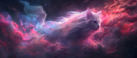 Abstract cat silhouette in vibrant, swirling clouds.